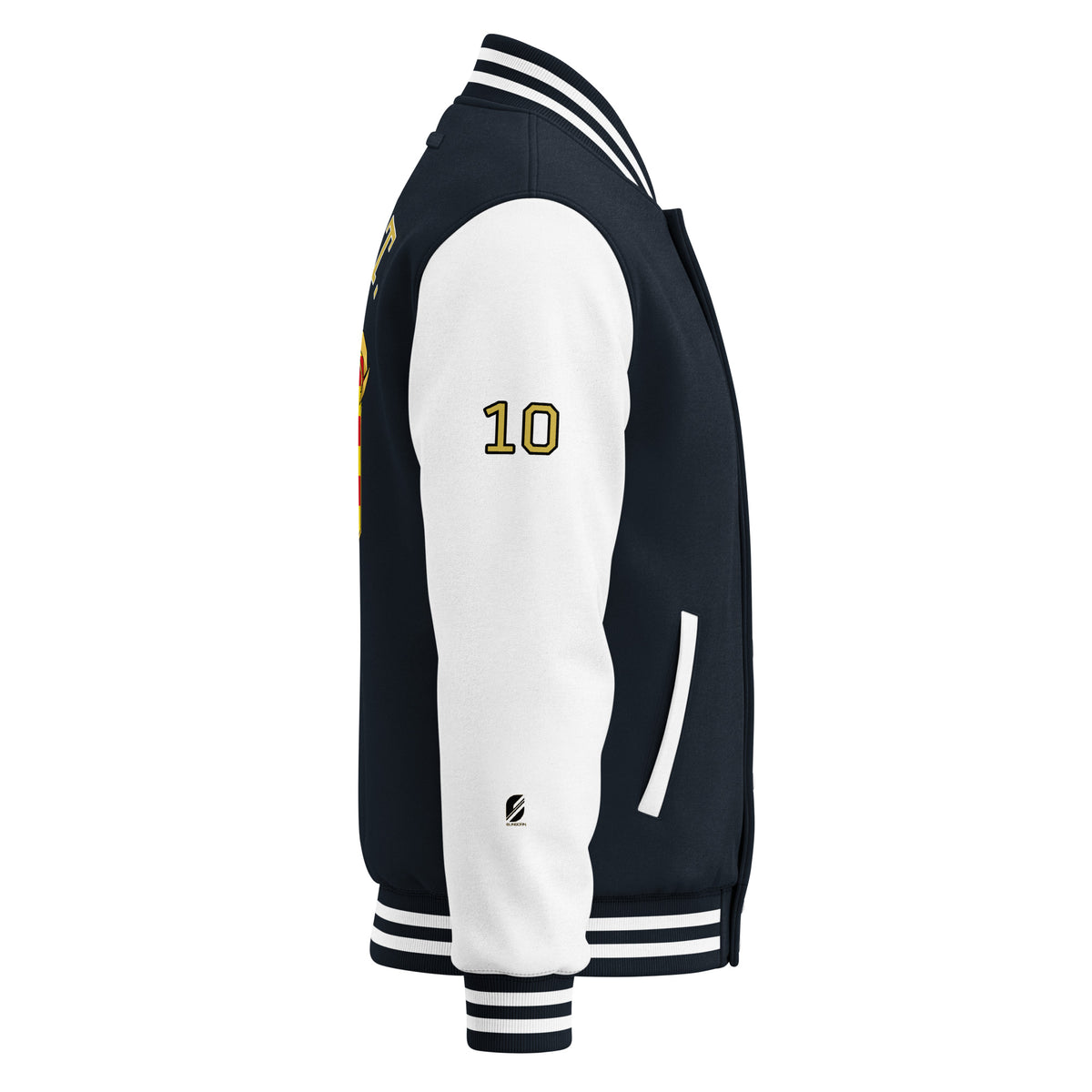 GOAT // Catalan Letterman Jacket in oxford navy, three-quarter right view.